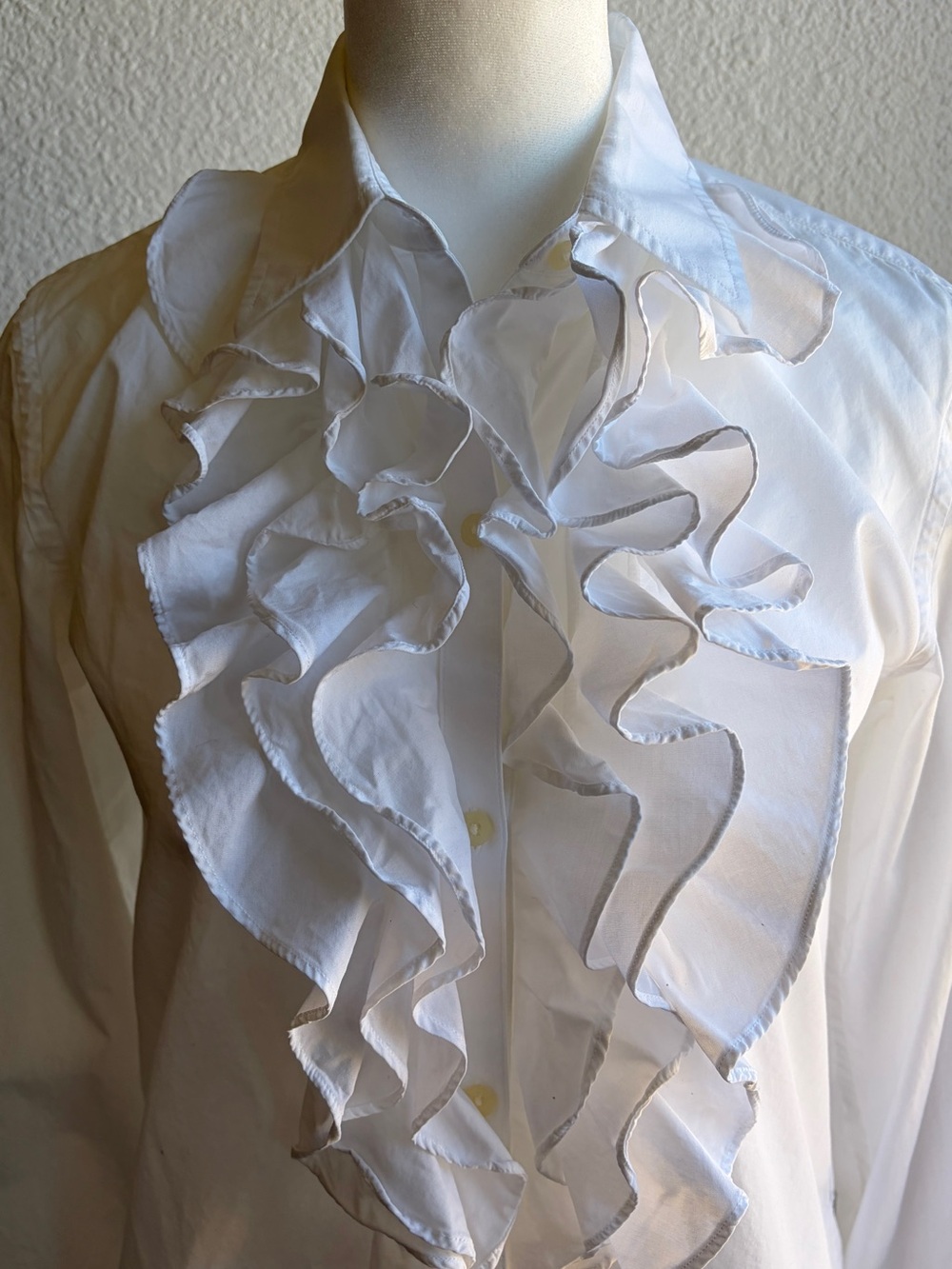 90’s Lauren Ralph Lauren White Poplin Cotton Ruffle Front Blouse Small - Picture 2 of 3